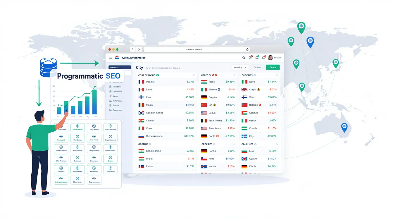 The image showcases the Numbeo website as an example of programmatic SEO, featuring various programmatic pages that utilize structured data and keyword research to target long tail keywords. It highlights optimized landing pages designed to enhance organic traffic through effective user search intent analysis and the implementation of a solid SEO strategy.