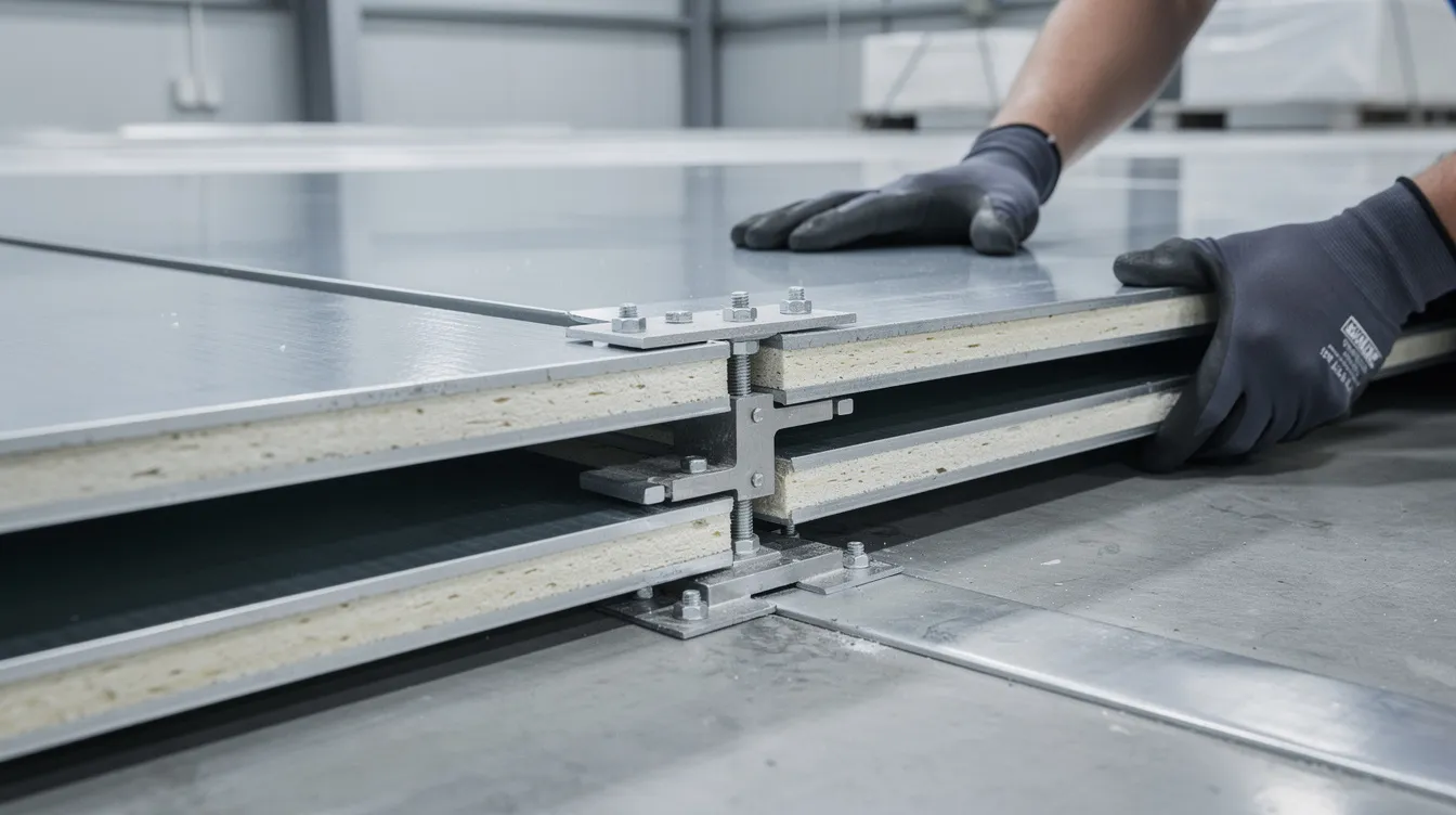 Gros plan sur des panneaux isothermes sandwich en cours d'assemblage pour une chambre froide modulaire, mettant en avant les détails de l'isolation thermique et les dimensions précises nécessaires pour le fonctionnement optimal d'une chambre froide positive ou négative. Cette image illustre le respect des normes de qualité et d'hygiène essentielles dans le secteur de la restauration.
