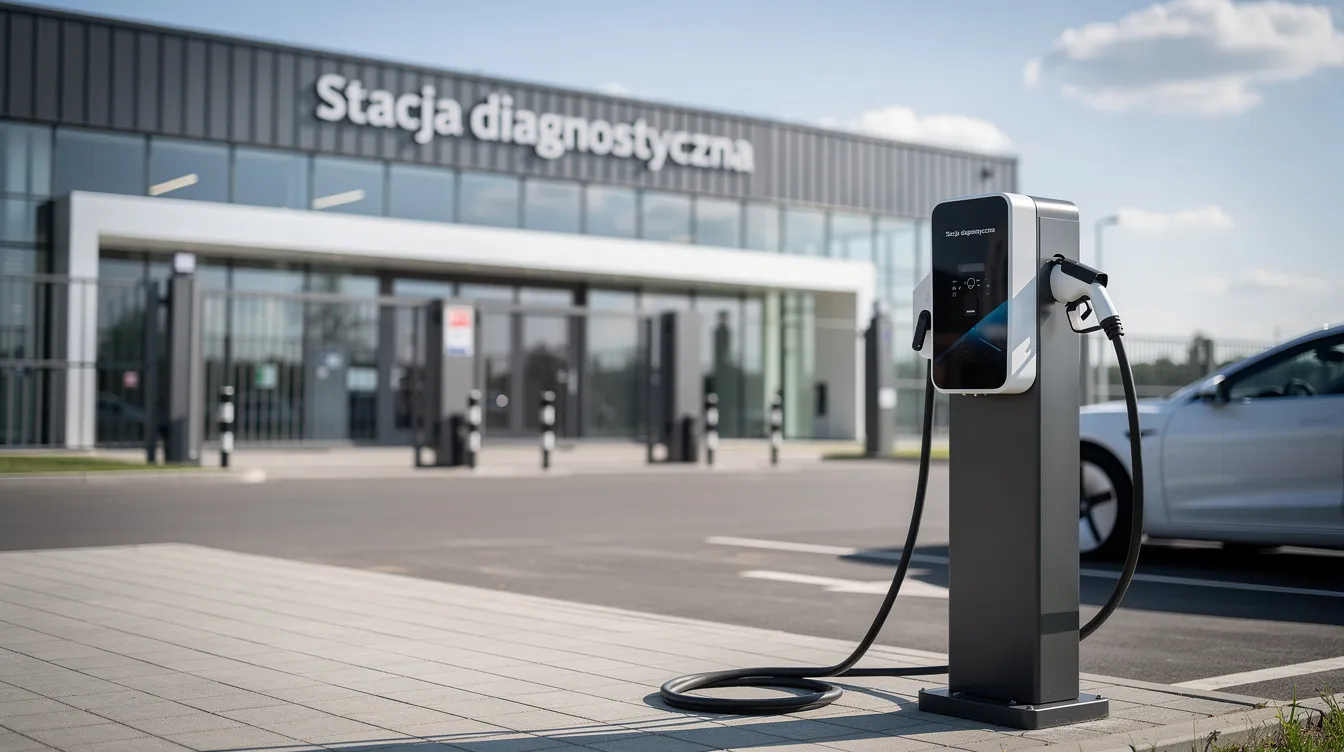 Na zdjęciu widoczna jest ładowarka do samochodów elektrycznych umiejscowiona na tle nowoczesnego budynku stacji diagnostycznej, gdzie przeprowadzane są przeglądy techniczne pojazdów elektrycznych. To miejsce jest istotne dla właścicieli samochodów elektrycznych, którzy dbają o dobry stan techniczny swoich aut.
