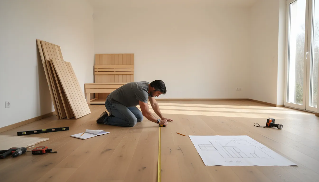 A person is measuring a room with a tape measure, preparing for the installation of a home infrared sauna. This careful measurement ensures a proper fit for the sauna, which offers numerous health benefits through radiant heat and infrared wavelengths.