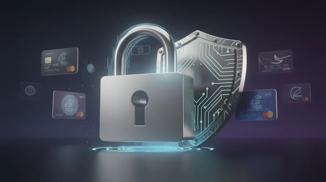 The image features a padlock and shield symbol, representing secure digital finance and payment protection. This visual emphasizes the importance of reliable payment flows, regulatory compliance, and the use of technology to accept payments online in a straightforward and secure way.