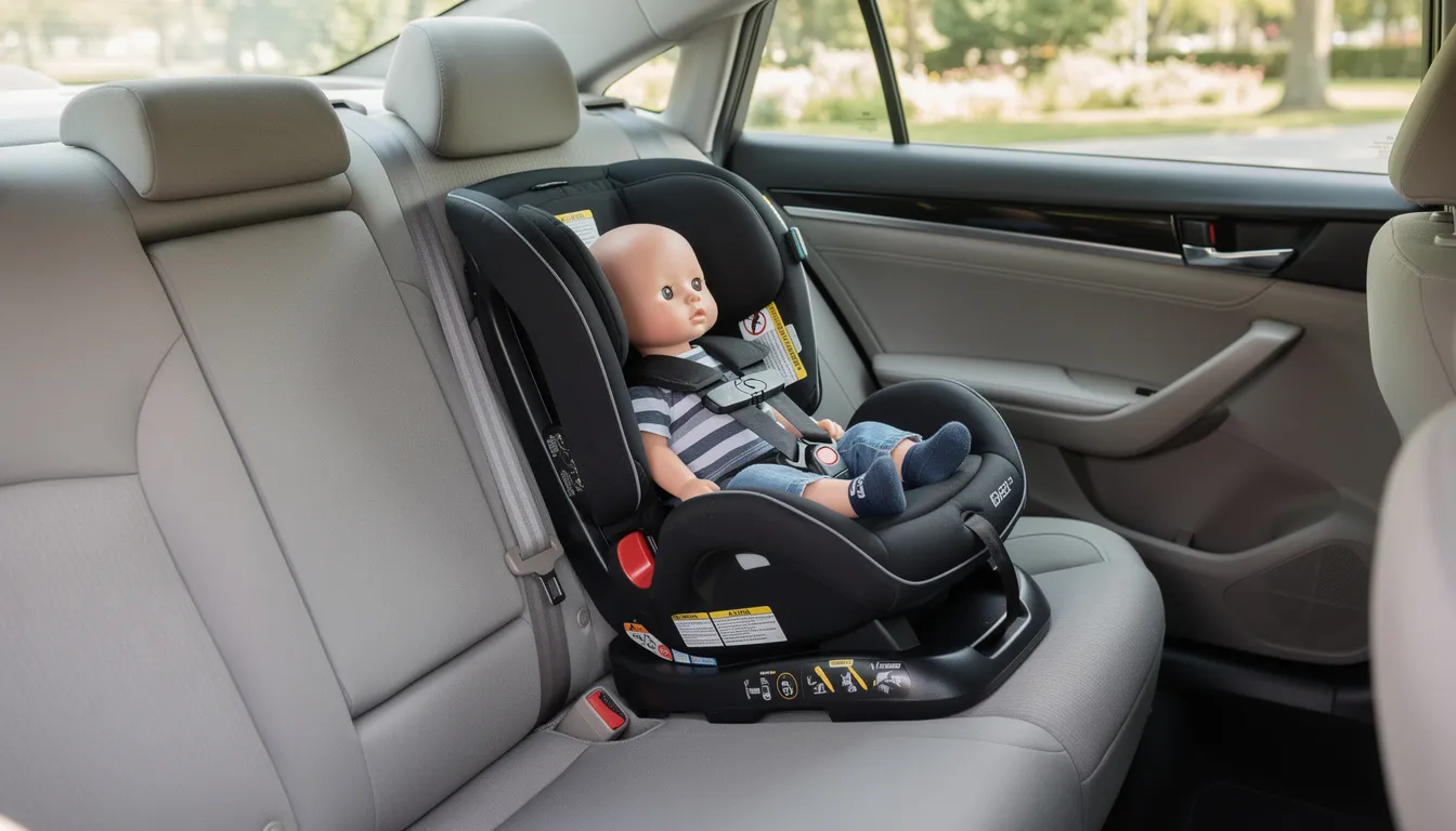 The image shows a car seat securely installed in the back seat of a vehicle, ensuring the safety of a new baby. Proper installation is crucial for the family's safety and is an important step in preparing for the arrival of a child.