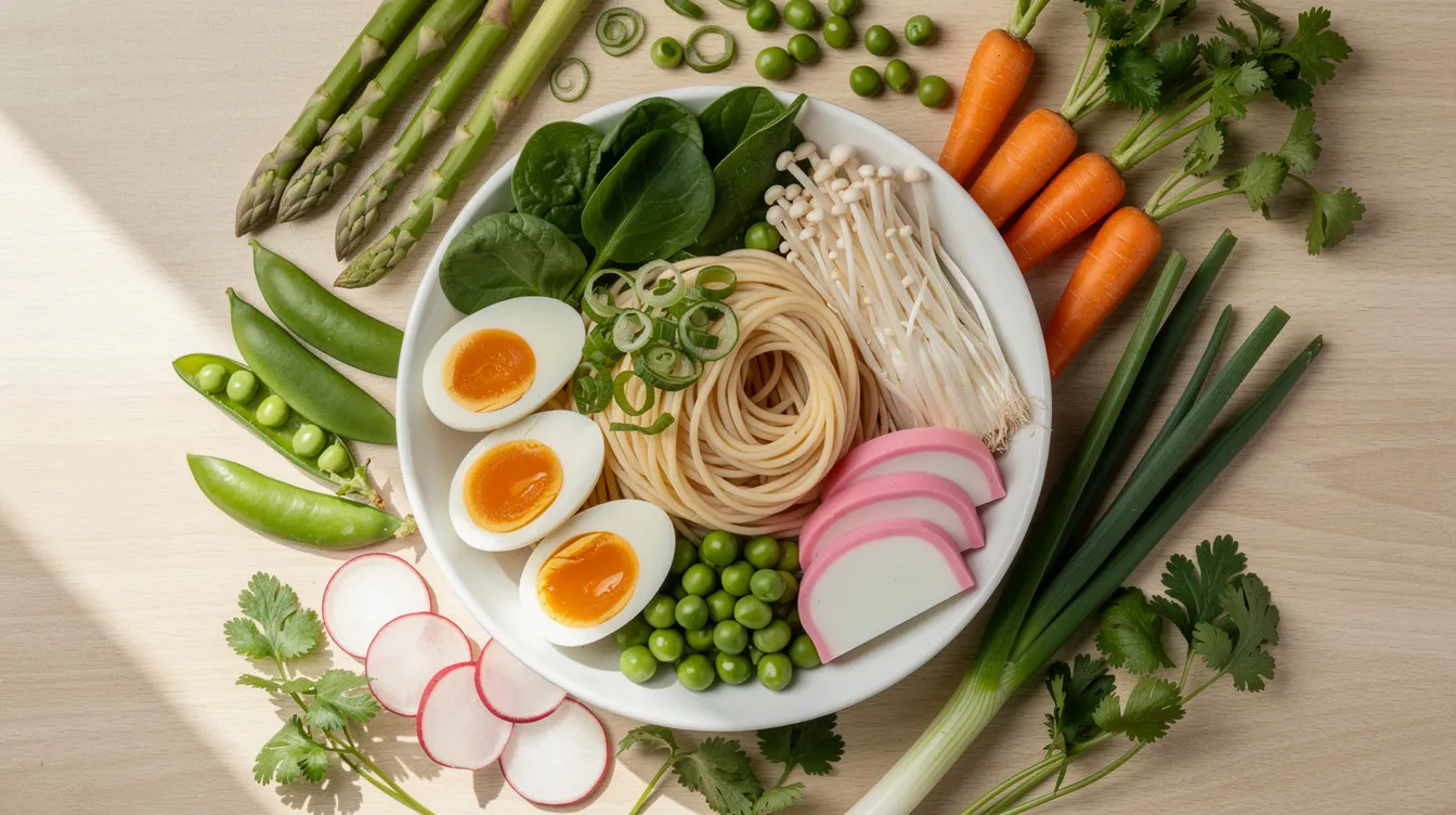 The image showcases a vibrant arrangement of fresh spring vegetables, including green onions and bean sprouts, surrounding a bowl filled with prepared ramen ingredients, such as soft boiled eggs and Korean chili flakes, ready to be combined with delicious ramen noodles in a comforting hot broth. This colorful display highlights the essence of Korean cooking and the delightful flavors of traditional Korean ramyeon.