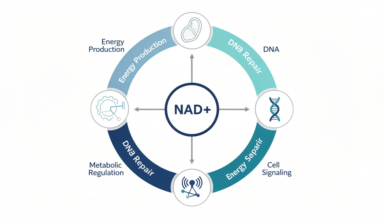 The image features a circular diagram with "NAD+" at the center, surrounded by arrows pointing to four key areas: energy production, DNA repair, cell signaling, and metabolic regulation, highlighting the importance of NAD levels in cellular health and healthy aging. This diagram emphasizes the role of nicotinamide adenine dinucleotide in various cellular processes essential for overall health and well-being.
