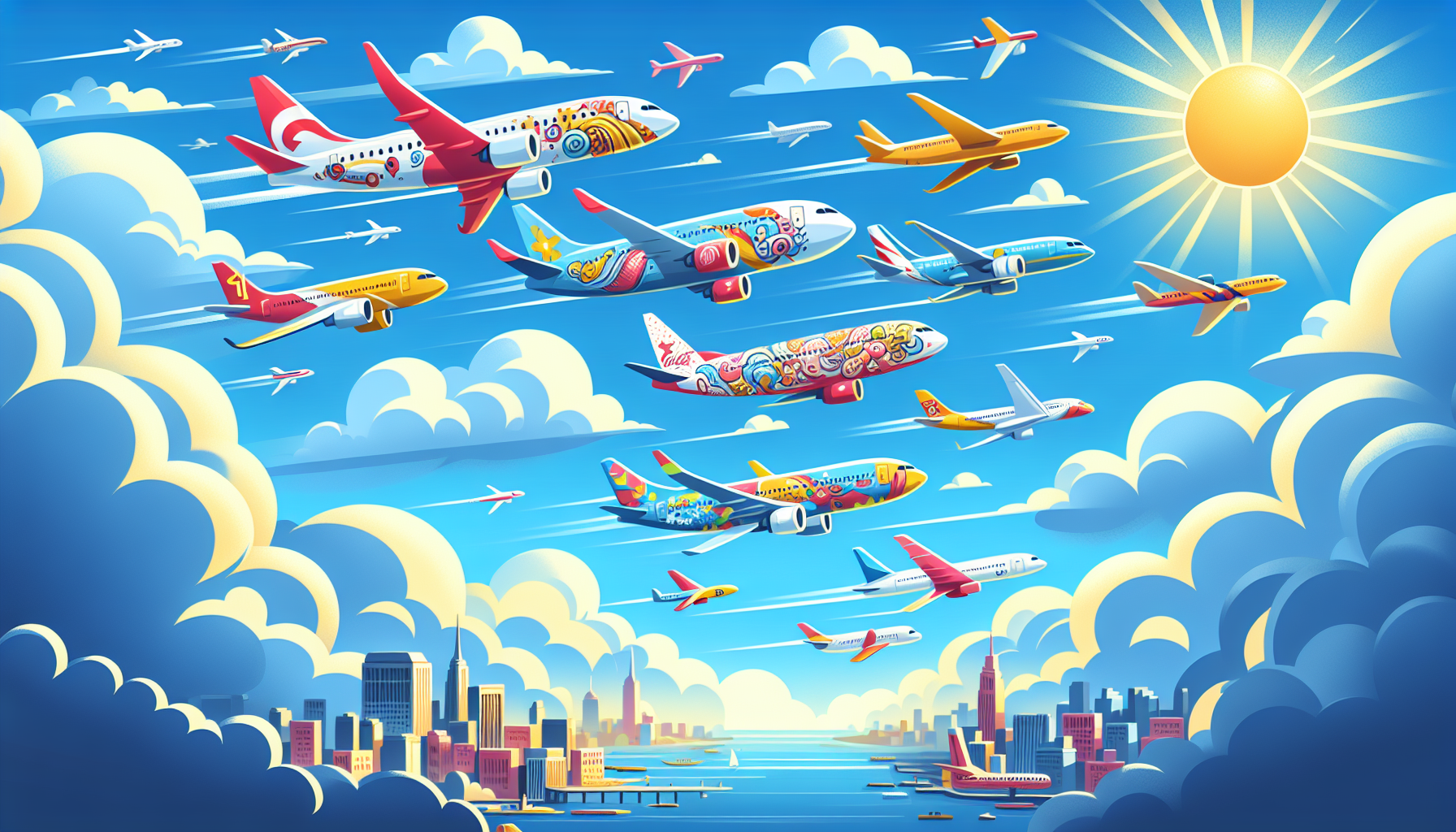 A playful representation of popular airlines flying from Boston to Los Angeles.