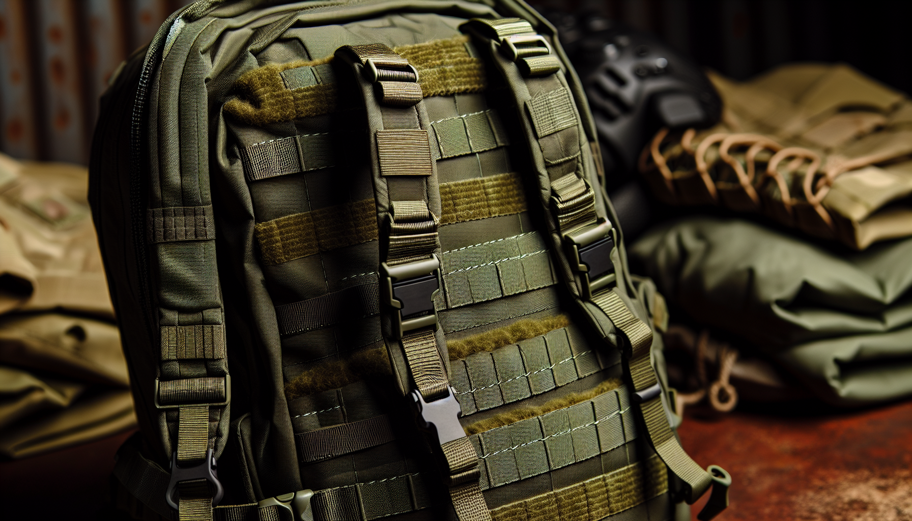 A rugged tactical backpack with molle webbing and padded shoulder straps