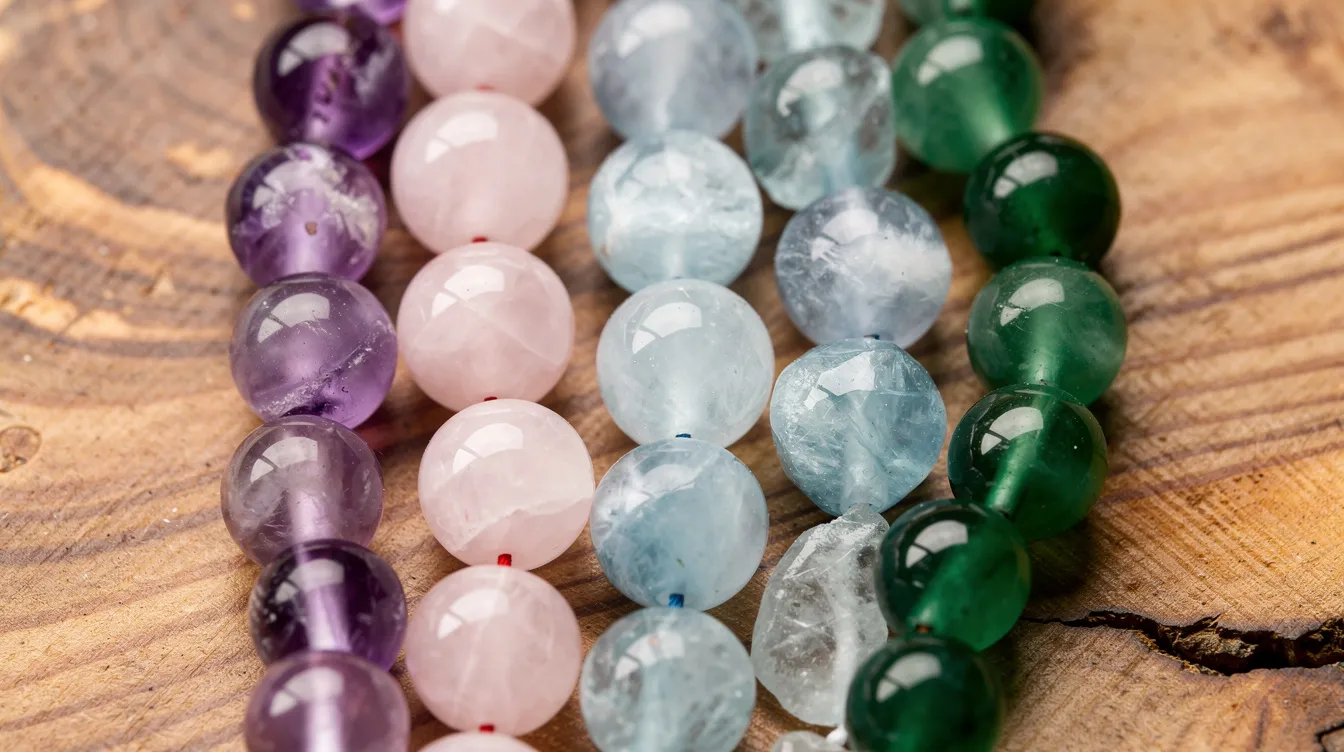 An assortment of colorful semi-precious gemstone beads, including purple amethyst, pink rose quartz, blue aquamarine, and green jade, is beautifully arranged on a wooden surface, showcasing their natural beauty and vibrant shades. These fine gems are perfect for jewellery making and highlight the exquisite variety found in the gemstone industry.