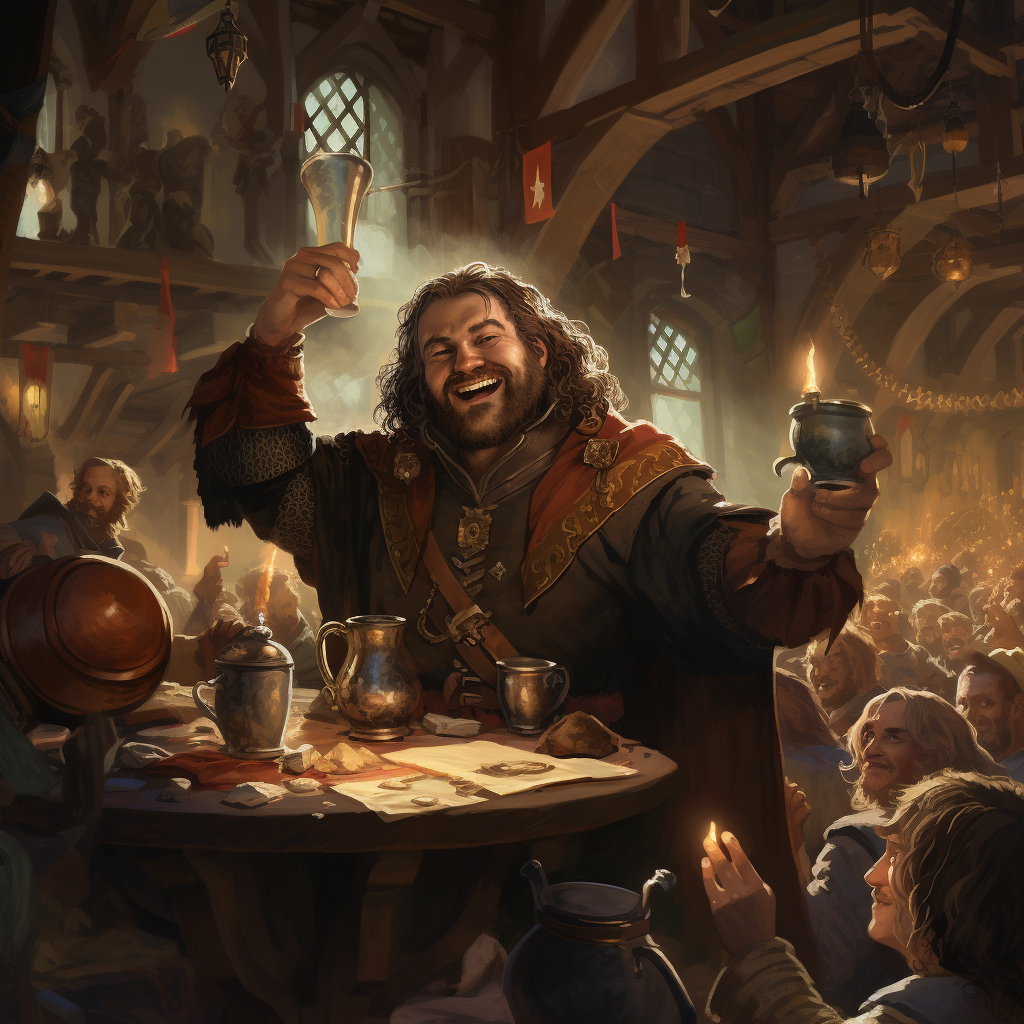 The cheery tavern keeper toasts your party as they embark on a quest.