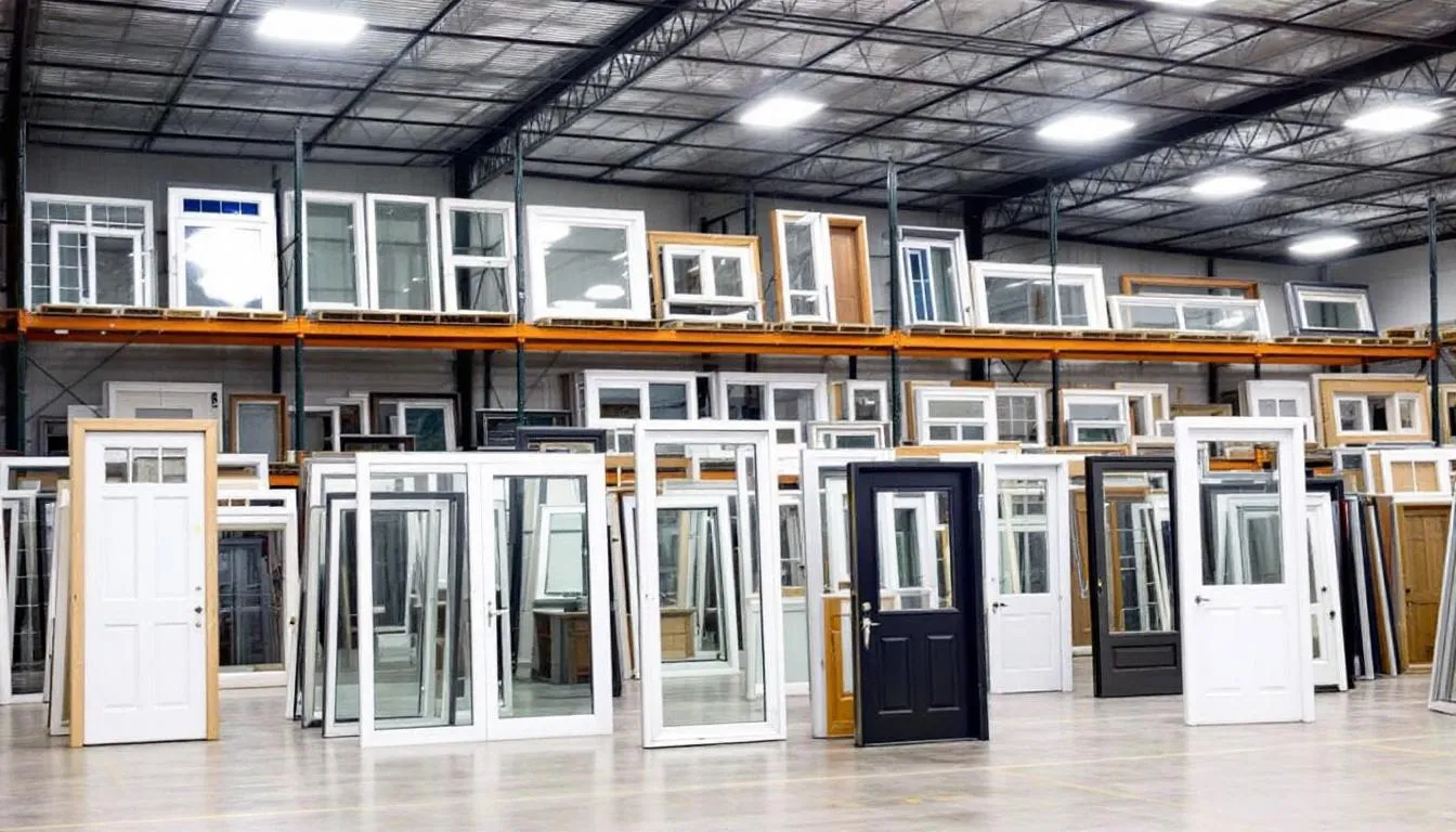 Een moderne kozijnen groothandel warehouse toont een breed assortiment aan verschillende soorten ramen en deuren, waaronder kunststof, aluminium en houten kozijnen. De ruimte is goed georganiseerd, met duidelijke displays van maatwerk kozijnen en energie-efficiënte opties, ideaal voor zowel renovatieprojecten als nieuwbouw.