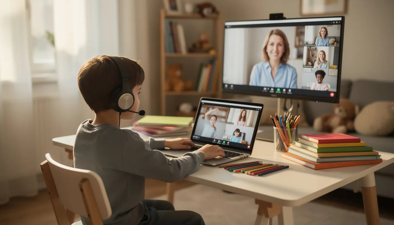 Ein Kind sitzt an einem Schreibtisch und nimmt an einem Online-Unterricht teil, umgeben von Büchern und Lernmaterialien. Es zeigt Engagement und Lernmotivation, während es aufmerksam dem Unterricht folgt und Fragen an die Lehrkraft stellt.