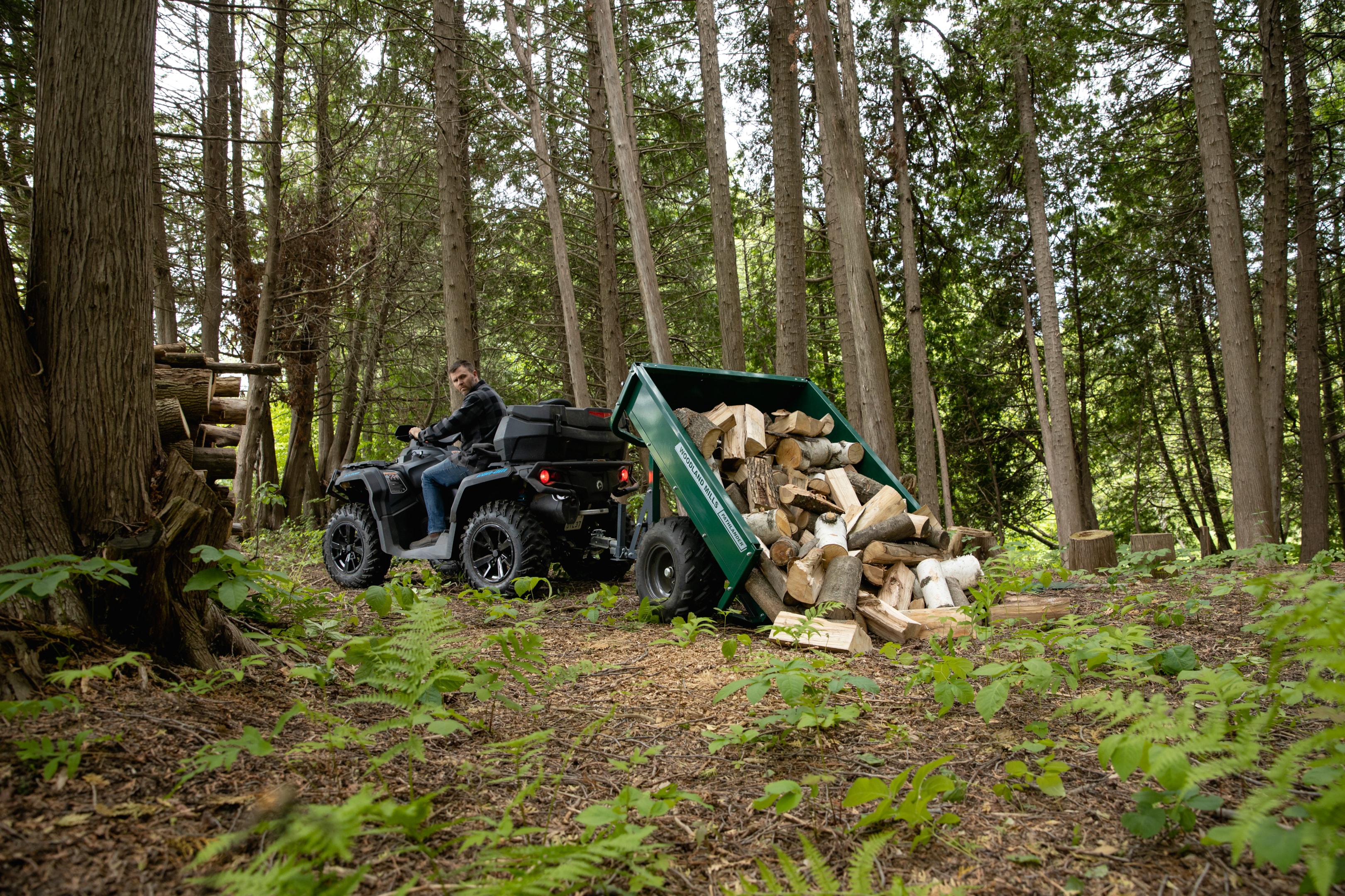 Firewood being dumped by a Woodland Mills ATV Trailer.