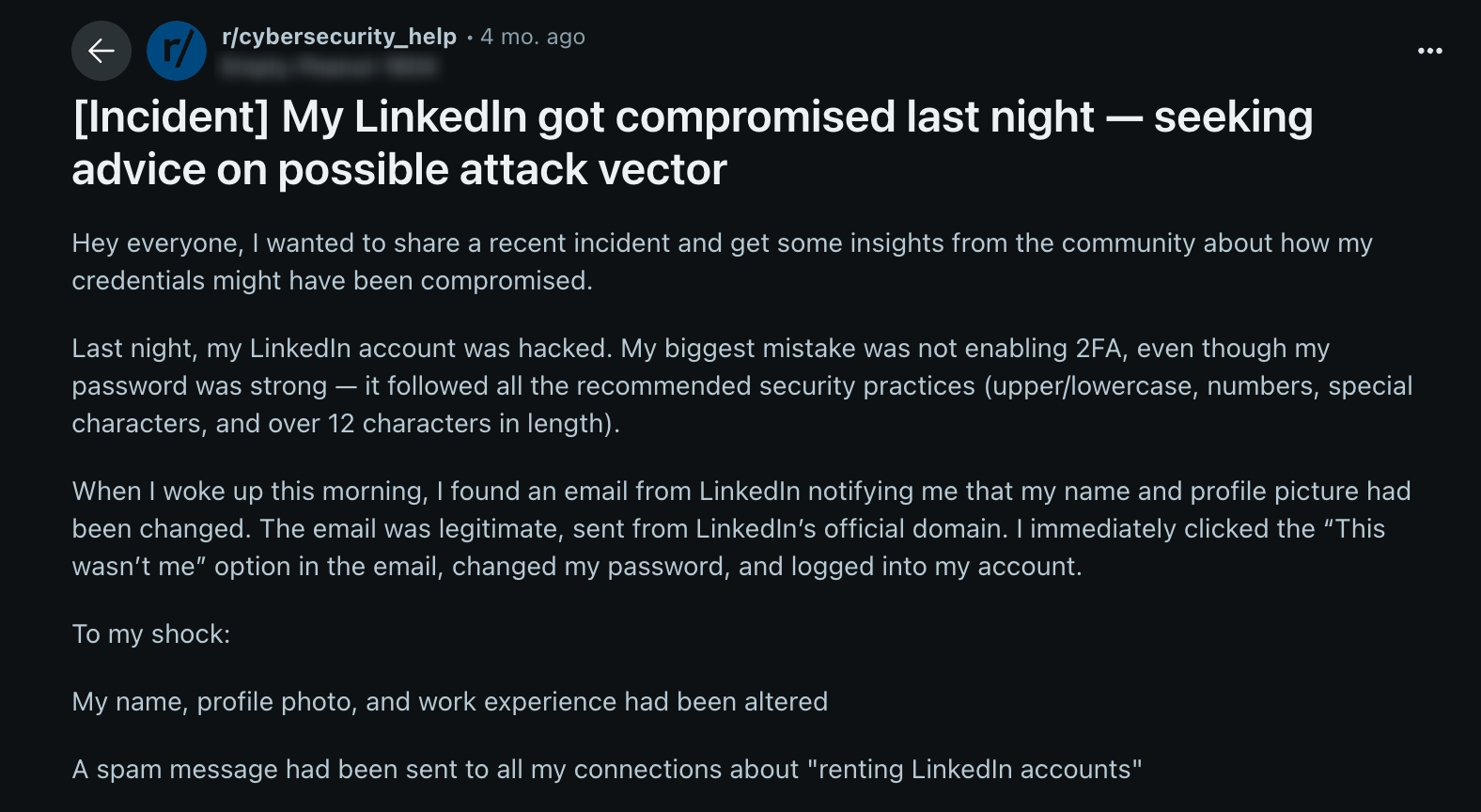 Reddit thread: LinkedIn account compromised due to no 2FA