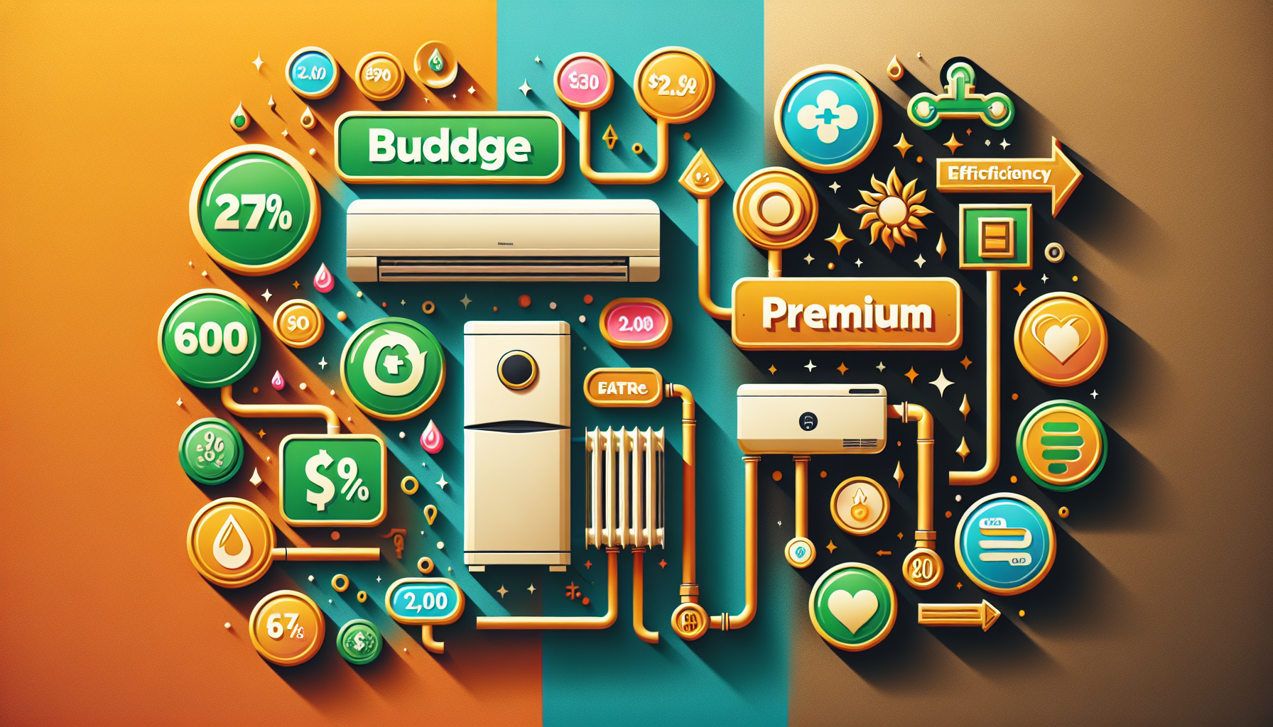 An illustration comparing budget-friendly and premium heat pump hot water system brands.