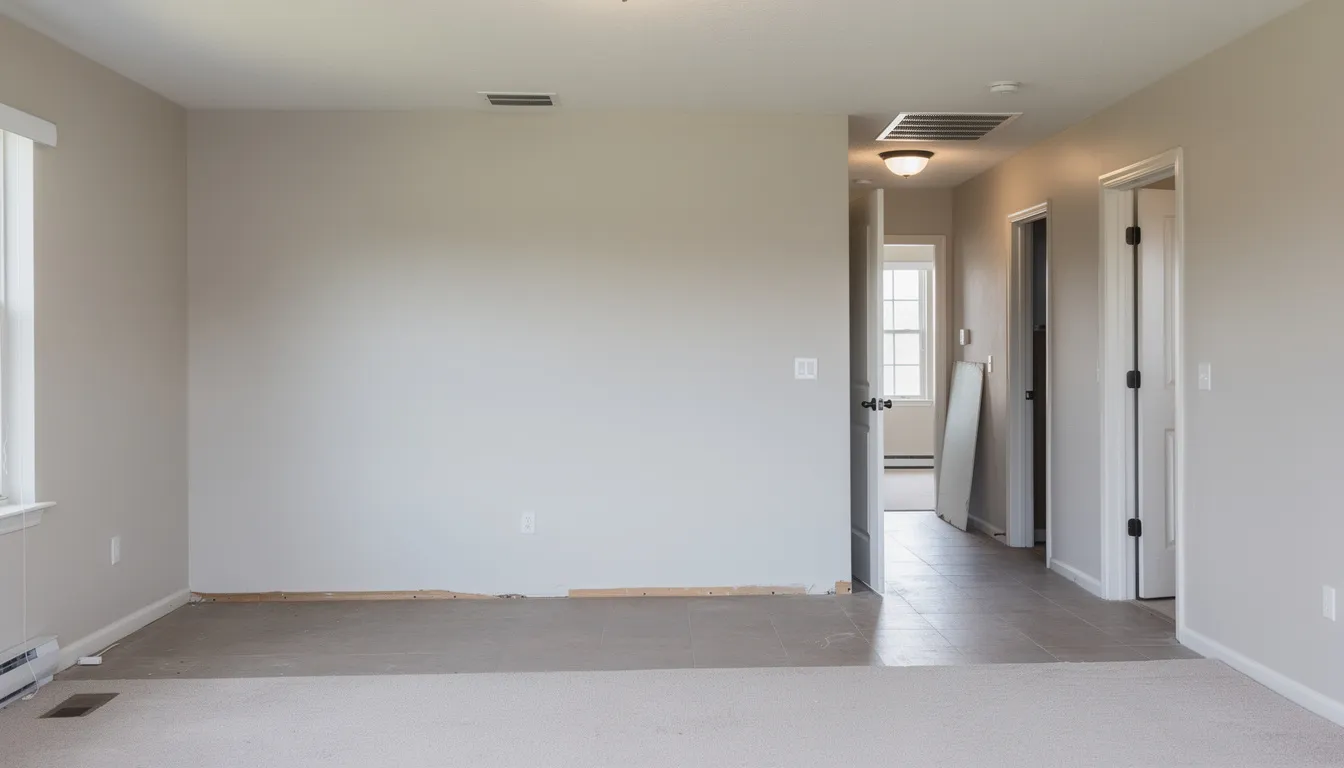 The image depicts a home interior that has been prepared for a professional inspection, showcasing clear access to walls and ceilings for thorough asbestos testing. This setup facilitates the identification and management of asbestos-containing materials, ensuring compliance with health and safety regulations.