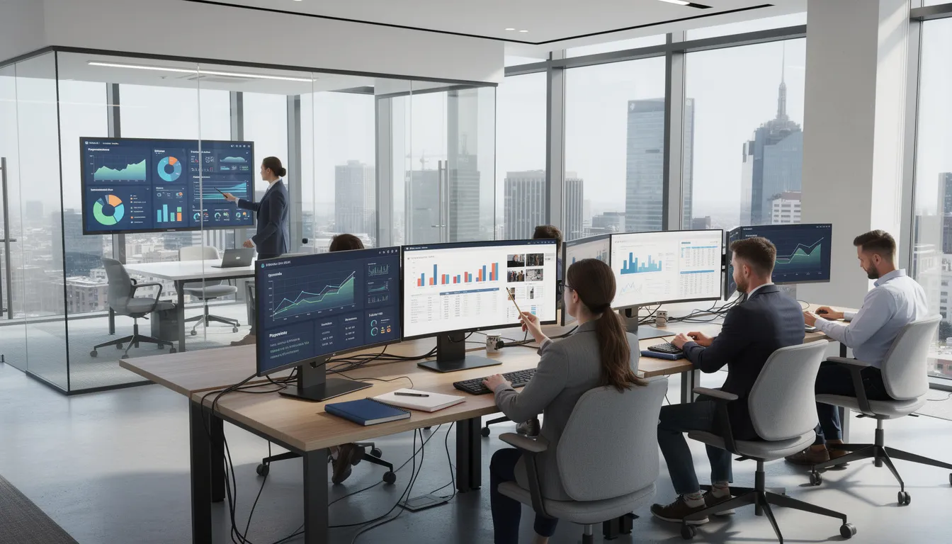 Nowoczesne biuro, w którym zespół specjalistów analizuje dane na monitorach oraz dashboardach, ilustruje procesy doradztwa biznesowego i konsultingu. Pracownicy współpracują w celu optymalizacji strategii i osiągania celów biznesowych, co podkreśla znaczenie efektywnej analizy w rozwoju firmy.