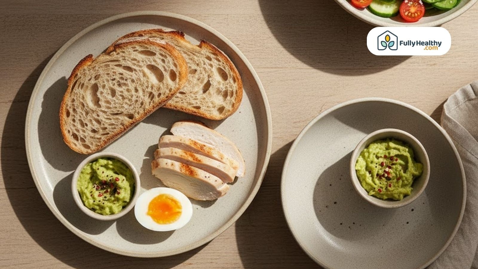 Sourdough bread served with egg, avocado, and sliced chicken.