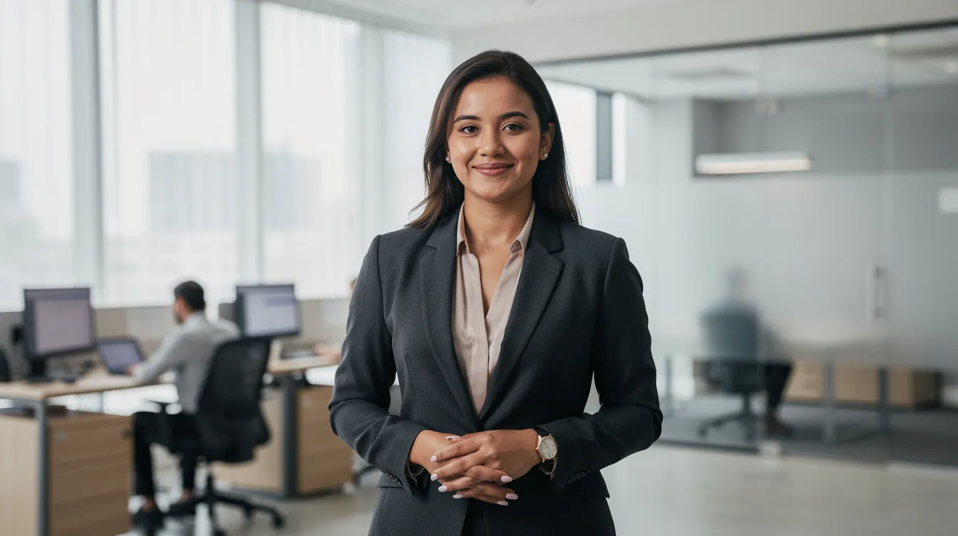 The image shows a professional woman in a navy blazer standing confidently in a modern office environment. She embodies success and accomplishment, likely representing important moments such as graduation or the presentation of certificates, while surrounded by documents and diploma covers that symbolize her achievements.