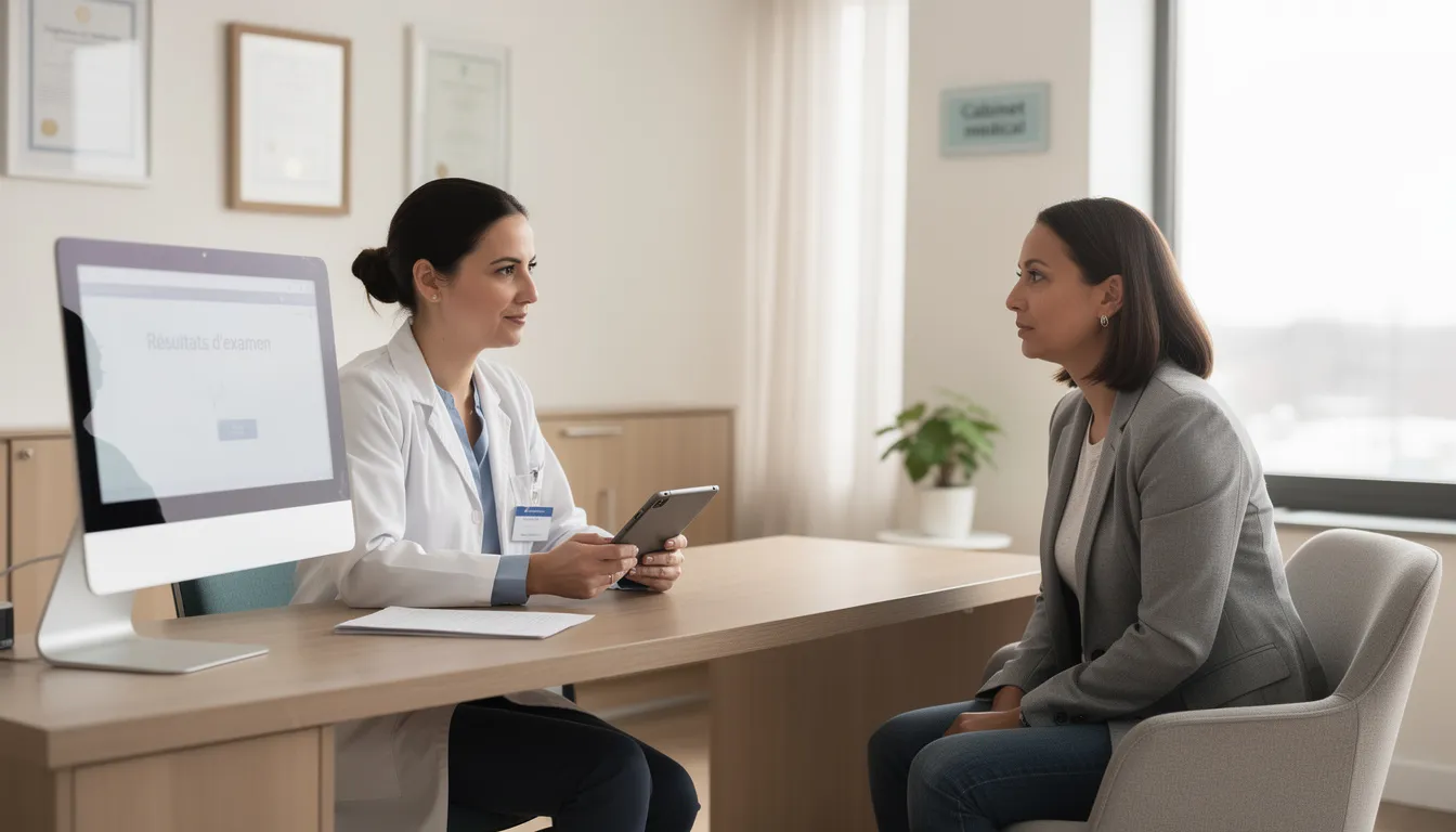 L'image montre une consultation médicale dans un cabinet moderne, où une femme discute avec son médecin des symptômes du syndrome des ovaires polykystiques (SOPK) et de la prise en charge de sa santé. Le médecin semble attentif, offrant des conseils sur l'alimentation et le traitement des troubles liés aux ovaires.