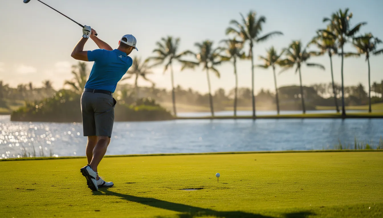 A golfer is teeing off on a sunny Florida golf course, surrounded by palm trees and a water hazard in the background, showcasing the natural beauty of the region. This championship golf course in Fort Myers offers an enjoyable experience for golfers of all skill levels.