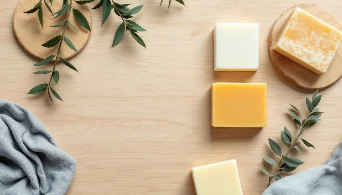 A collection of eco-friendly zero waste soap bars arranged on a wooden surface.