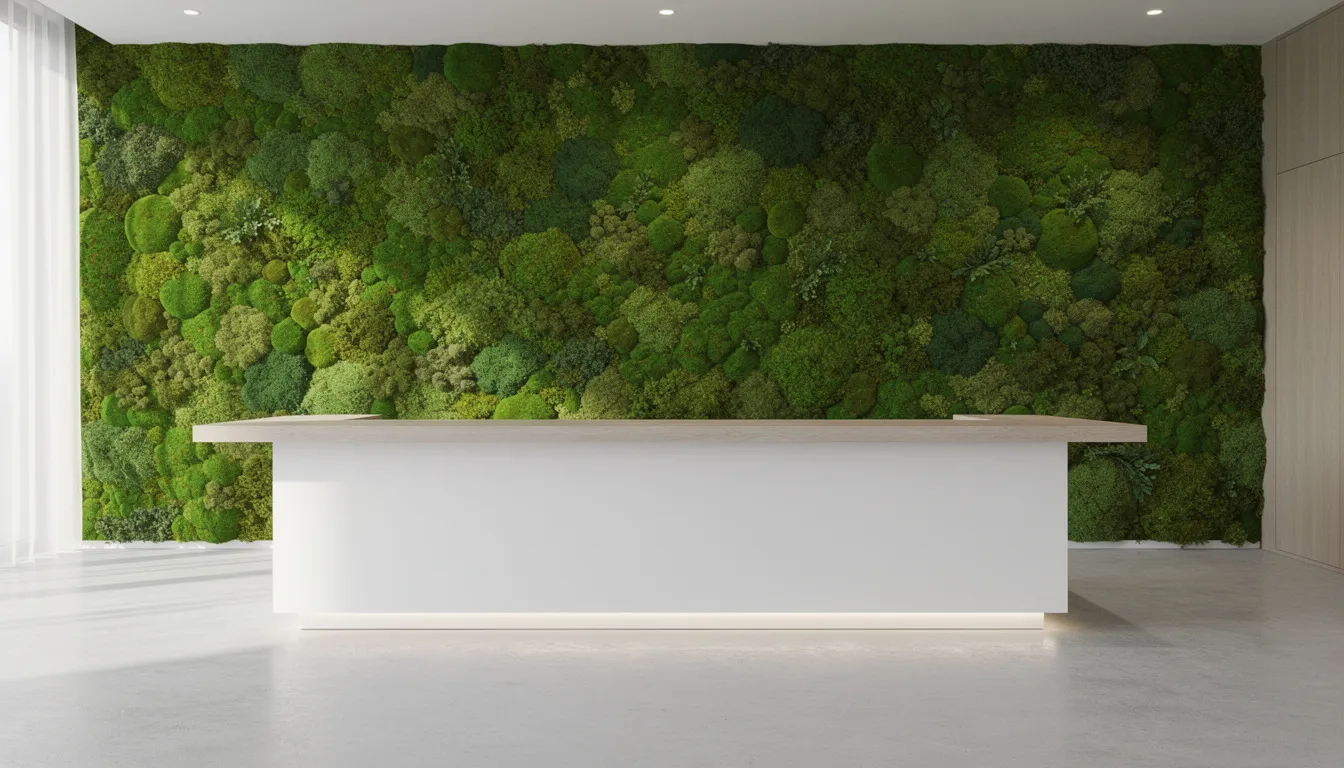 Een groene moswand siert de achtergrond van een moderne receptiebalie, wat een natuurlijke uitstraling en een luxe sfeer aan de kantoorruimte geeft. Deze akoestische wandpanelen dragen bij aan een betere akoestiek en verminderen storende geluiden in de werkomgeving.