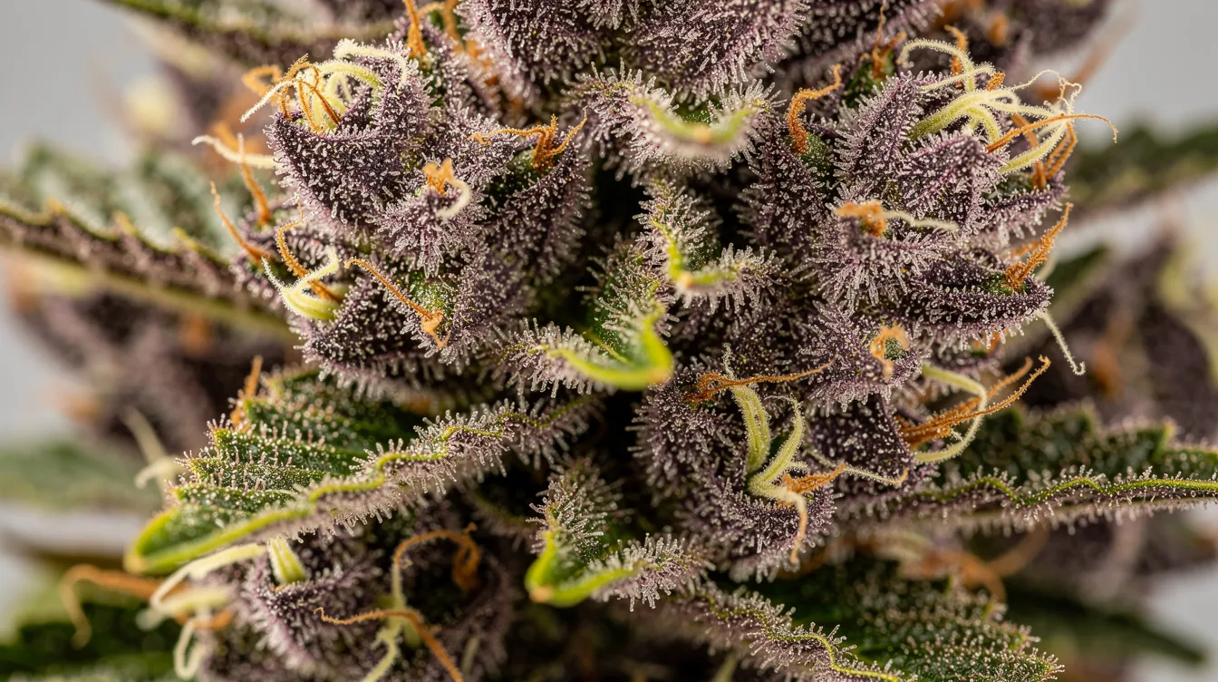 A close-up view of dense frosty cannabis buds showcases a stunning array of deep purple and lime green hues, accented by bright orange pistils and a thick layer of white trichomes, indicative of the potent effects found in the cadillac rainbow strain. This visually striking flower is a delight for experienced users, highlighting its bag appeal and inviting aroma.