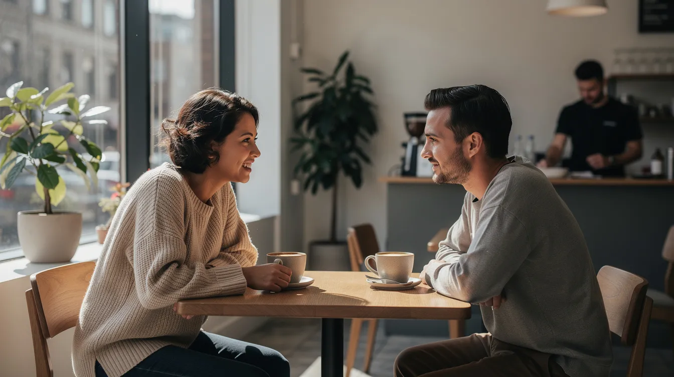 The image depicts two people engaged in a genuine conversation over coffee at a modern cafe, showcasing a warm connection that could lead to a potential partner. Their smiles and relaxed demeanor suggest a fun-loving atmosphere, where they are likely discussing their interests and what they want in a partner, creating a positive first impression.