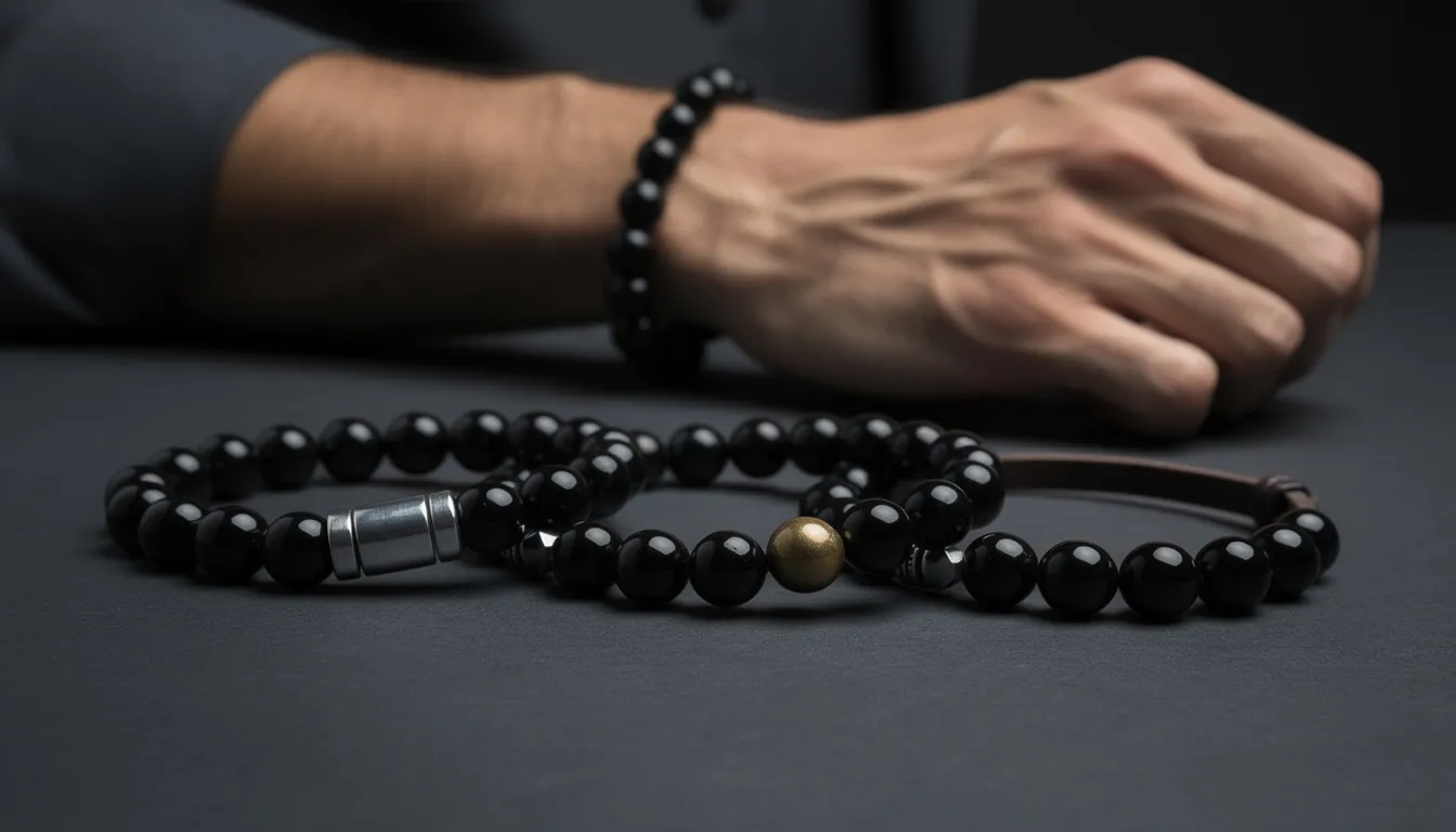 The image features a stylish onyx bracelet for men, showcasing sleek black onyx beads interspersed with silver accents, embodying a bold and minimalist design. This statement piece is perfect for those seeking a modern accessory that symbolizes strength and individuality.