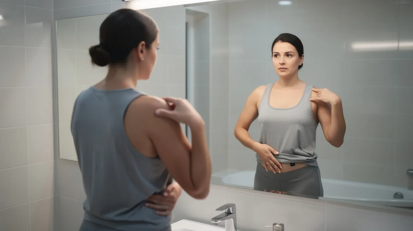 Una persona se encuentra frente a un espejo, señalando diferentes zonas de su cuerpo, como el abdomen y los glúteos, mientras evalúa su figura. La imagen sugiere la consideración de procedimientos de lipoescultura y liposucción, destacando la importancia de consultar con un cirujano plástico para conocer el precio y las opciones disponibles.