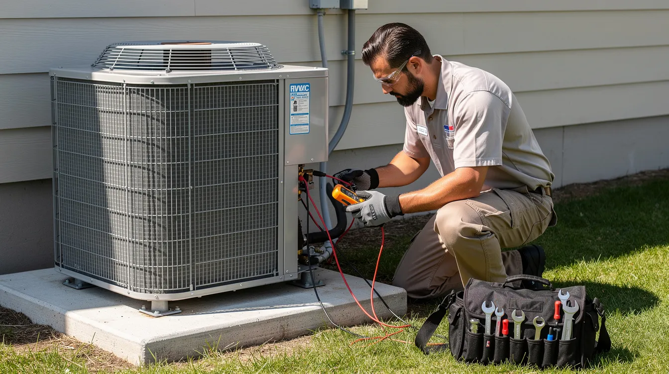 An HVAC technician in uniform is inspecting an outdoor air conditioning condenser unit, ensuring the air conditioning system operates efficiently. The technician checks for proper installation and maintenance of the Trane air conditioner, emphasizing the importance of quality and energy efficiency in HVAC systems.
