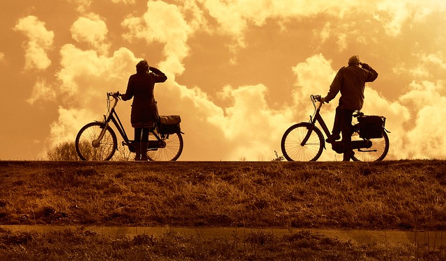                                                            A couple biking together.    