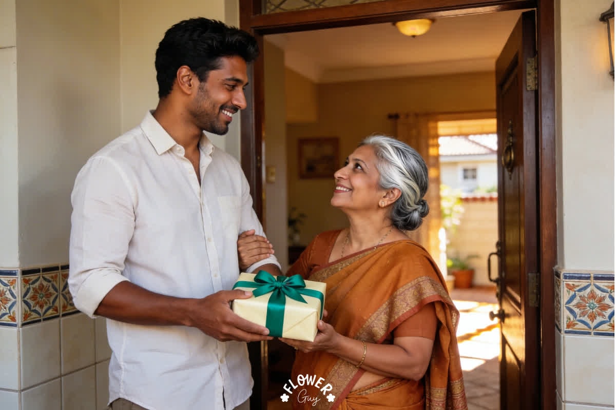 Indian South African son giving his mother in a traditional sari a cream gift box with an emerald green ribbon at the entrance of their family home with decorative tiles