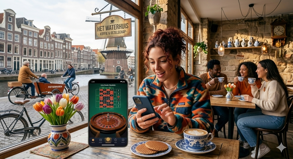 Vrouw speelt live roulette via een mobiele casino app op smartphone, voorbeeld van live casino spellen in online casino apps, waarbij spelers mobiel gokken via iOS of Android apparaten in een legaal online casino.