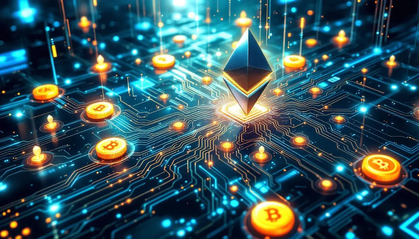 The image depicts a conceptual diagram illustrating the relationship between smart contracts, Ethereum validators, and potential vulnerabilities within the blockchain ecosystem. It highlights how trustless smart contracts, while designed for automated execution, could be exploited by malicious actors, impacting the integrity of financial transactions and the overall security of blockchain networks.