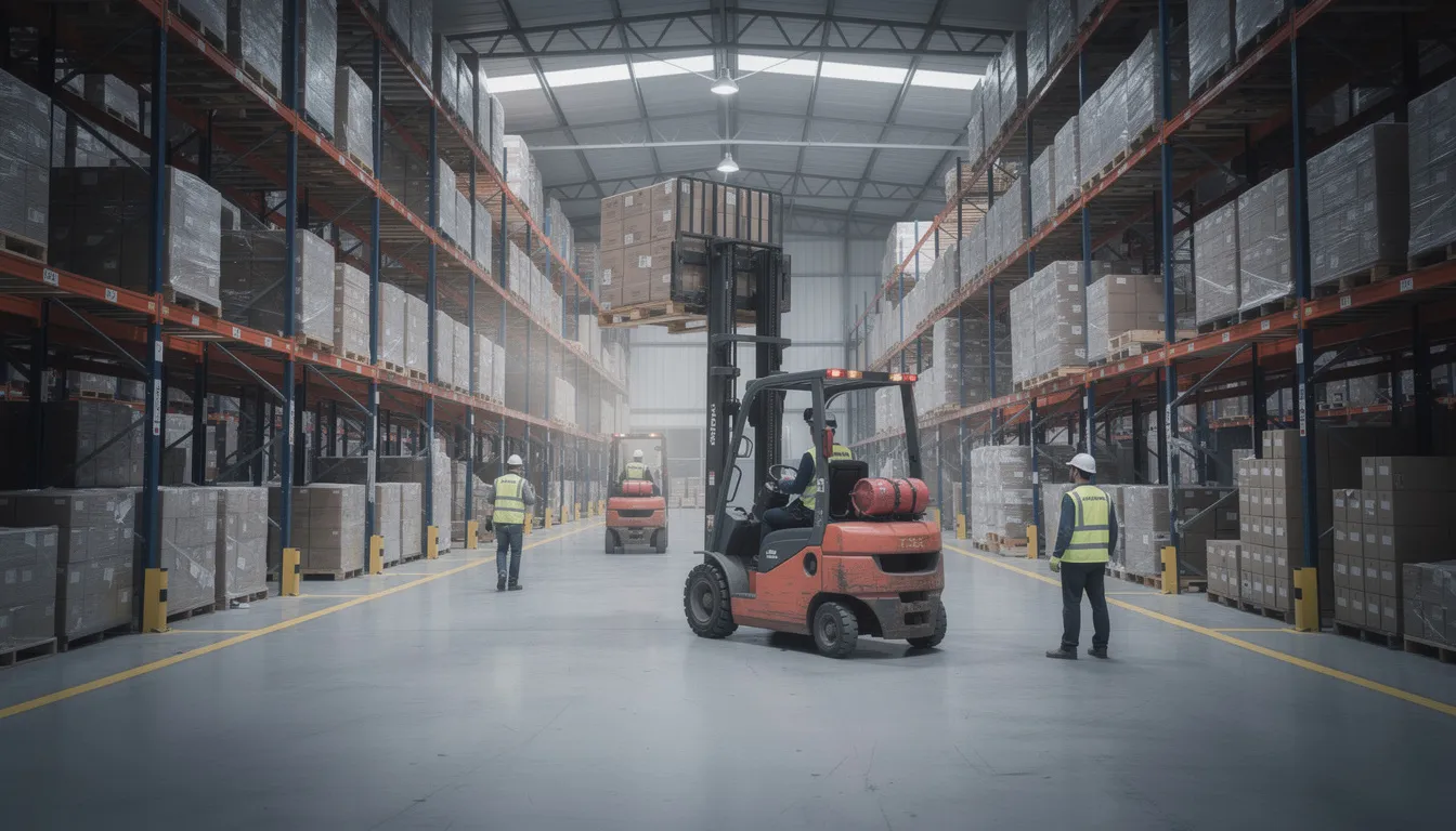 W magazynie z wysokimi regałami, pracownicy obsługują wózki widłowe, transportując towary i dbając o sprawną realizację zadań. Efektywne zarządzanie procesami w takim środowisku ma istotne znaczenie dla sukcesu projektu oraz osiągnięcia celów w określonych ramach czasowych.