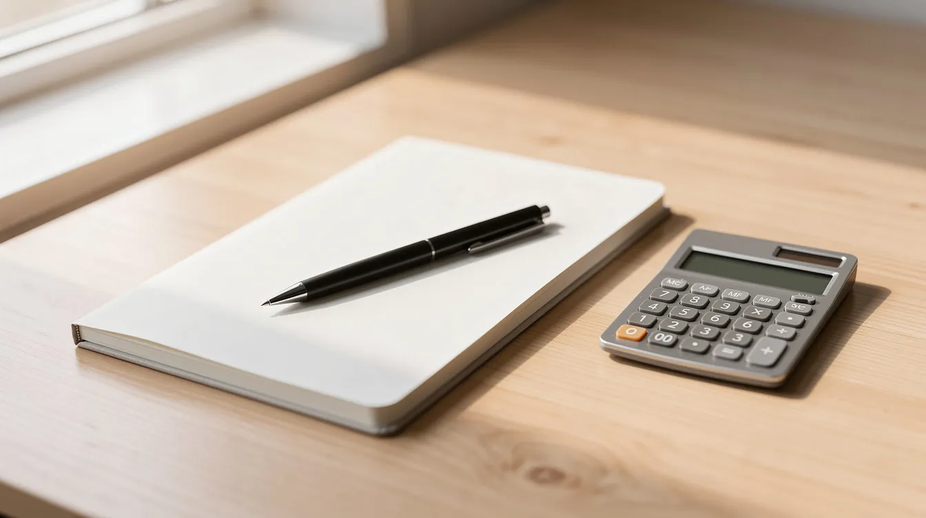 The image depicts a clean desk illuminated by soft natural light, featuring a notebook, a pen, and a small calculator, symbolizing the importance of financial literacy and personal finance management. This serene workspace encourages informed financial decisions and effective planning for a secure financial future.