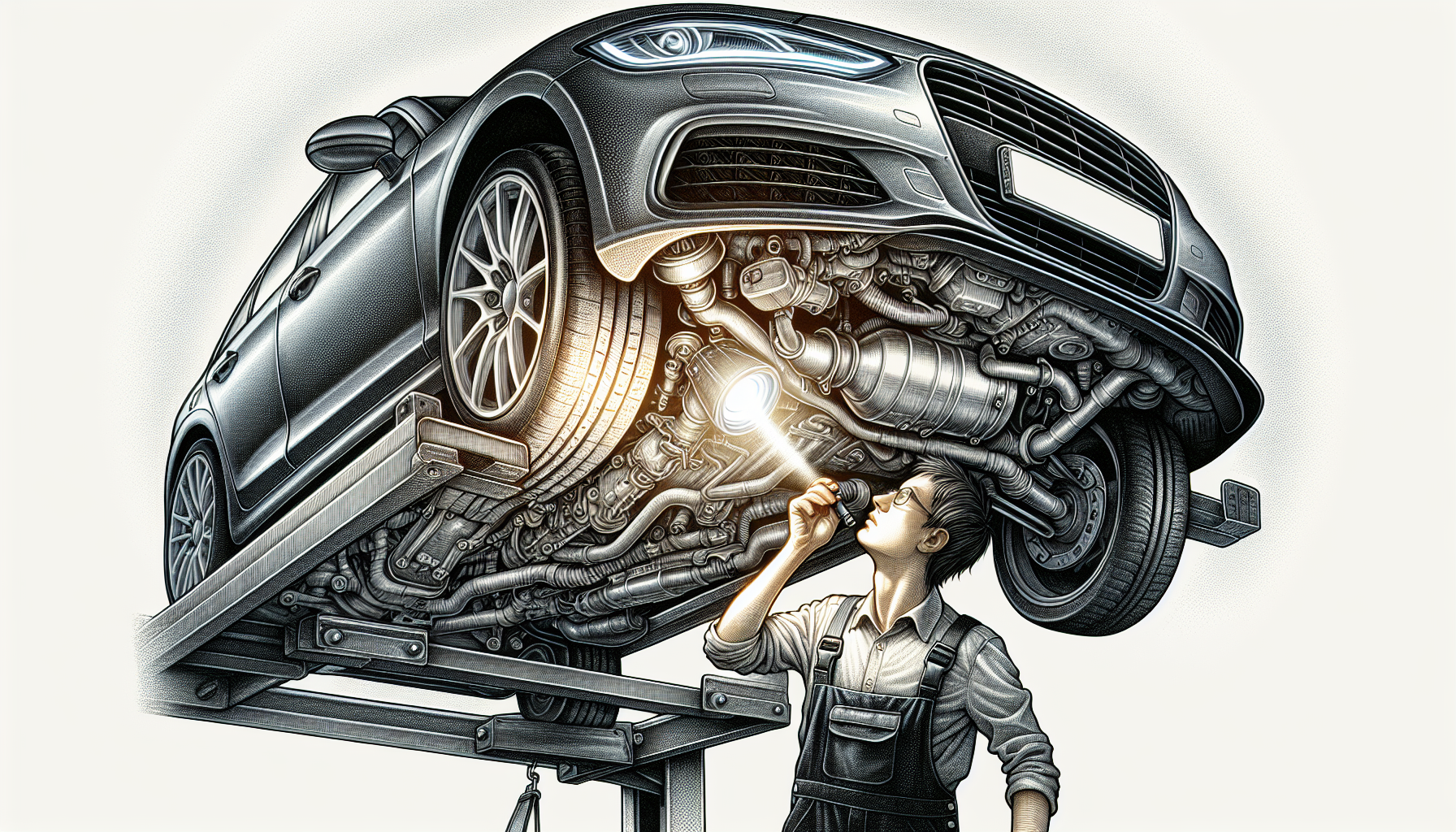 Illustration of a car on a lift with a mechanic inspecting the catalytic converter