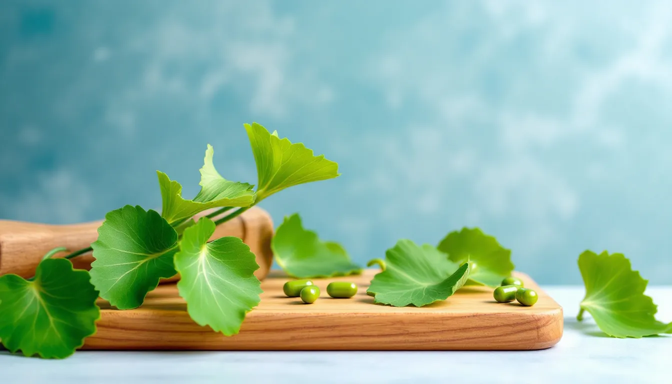Top 8 Supplements for Memory Loss During Menopause Symptoms 2 Ginkgo biloba leaves and capsules on a wooden surface, representing cognitive function support.