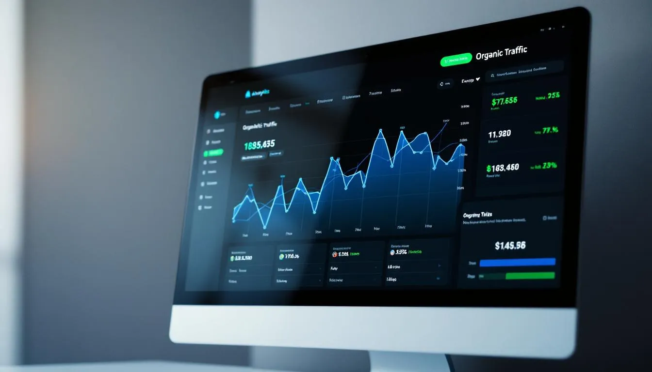 A computer screen displays an analytics dashboard featuring charts that illustrate organic traffic growth, highlighting key metrics related to search engine optimization (SEO) and user engagement. The interface includes visual representations of website performance, search engine rankings, and trends in organic search traffic, emphasizing the importance of effective SEO strategies and keyword research.