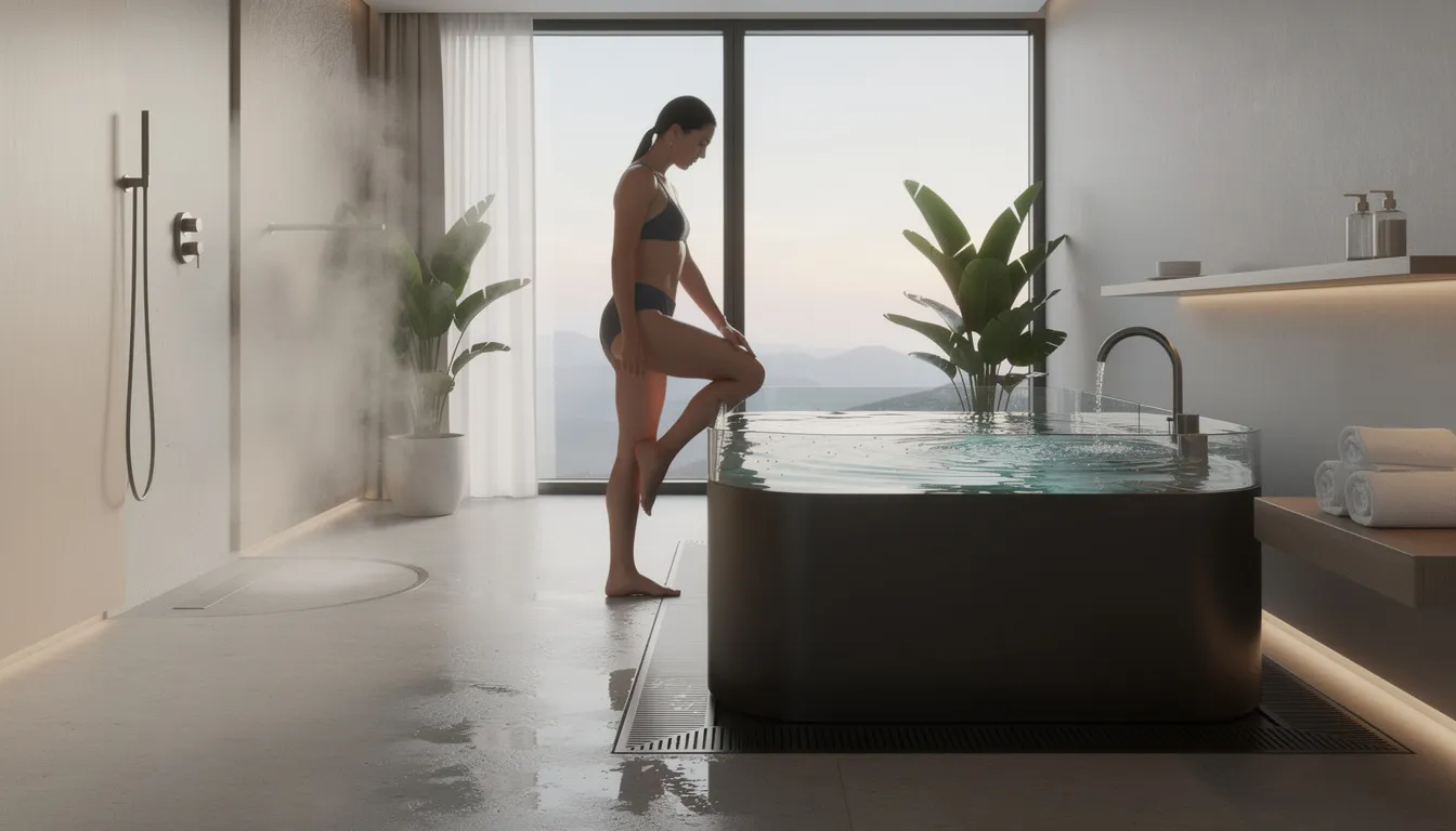 A person is stepping into a sleek cold plunge tub, designed for cold water immersion, within a modern home wellness space. This setting highlights the benefits of cold therapy, promoting muscle recovery and pain relief through exposure to extremely cold temperatures.