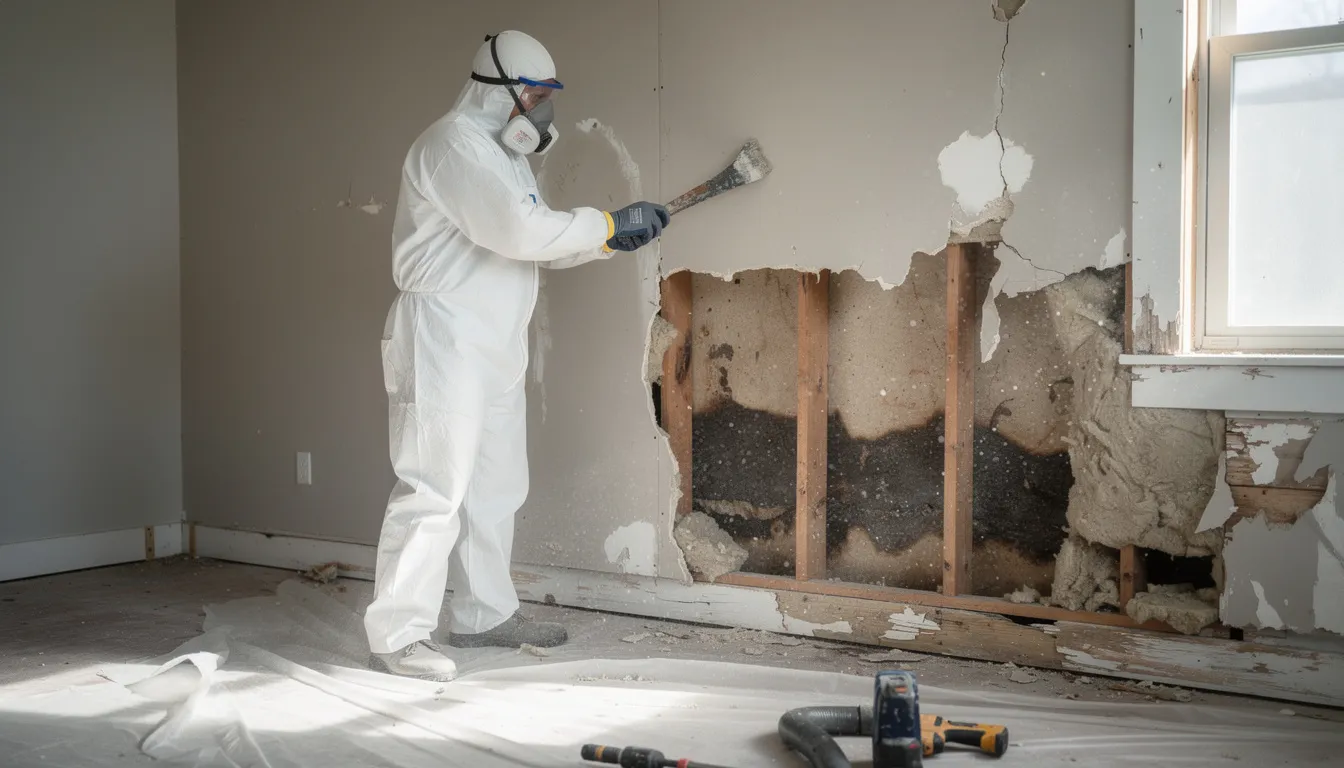A worker in a protective suit is seen removing water-damaged drywall from an interior wall, addressing potential mold contamination and health risks associated with mold growth. The scene highlights the importance of professional mold remediation efforts to prevent further mold issues in the home.
