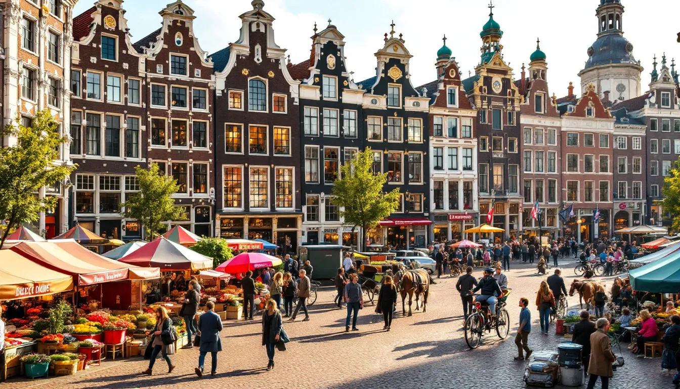 Shops and street life around Dam Square, reflecting the vibrant atmosphere.