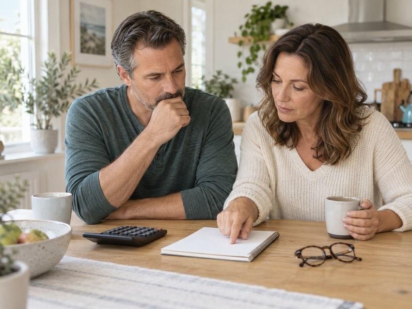 Couple planning a LASIK surgery budget with a notebook and calculator.