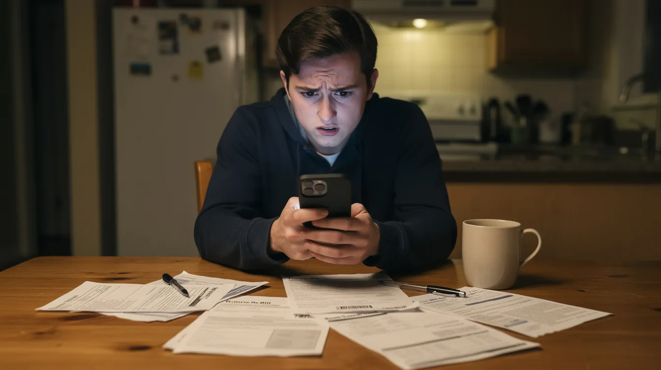 A person with a worried expression is sitting at a kitchen table, looking at their phone screen while surrounded by bills and documents, indicating a concern about potential scams involving their personal information or WhatsApp account. The scene conveys a sense of urgency and the need for caution against being defrauded.
