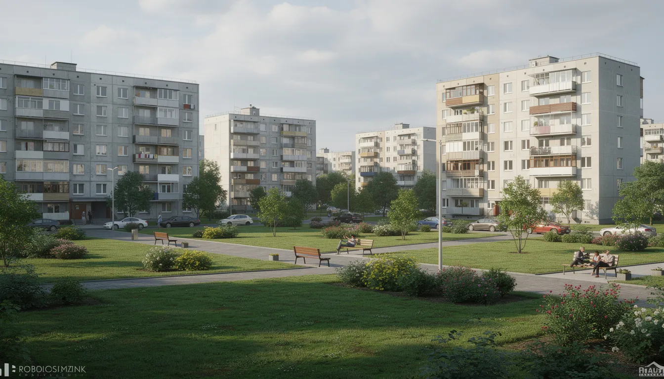 Na obrazie widać bloki mieszkalne znajdujące się na warszawskim osiedlu Bielany, otoczone zielonymi terenami. To idealne miejsce dla osób rozważających skup mieszkań w Warszawie, oferujące komfortowe warunki życia w bliskim sąsiedztwie natury.
