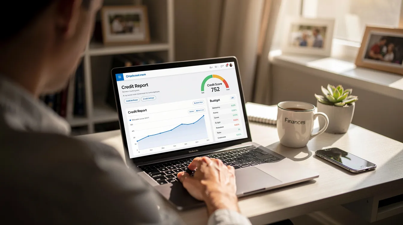 A person is seated at a desk in a cozy home office, intently reviewing their credit report displayed on a laptop screen. The scene reflects a focus on understanding their financial situation, possibly considering aspects like credit scores and repayment plans.