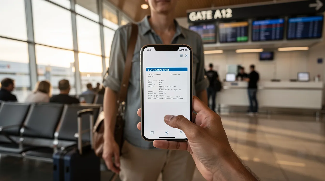 A person stands at an airport boarding gate, holding a smartphone that displays a digital document, possibly a completed visa application form for Japan. This image illustrates the application process for foreign nationals preparing for their trip, highlighting the importance of having the necessary documents ready before boarding.