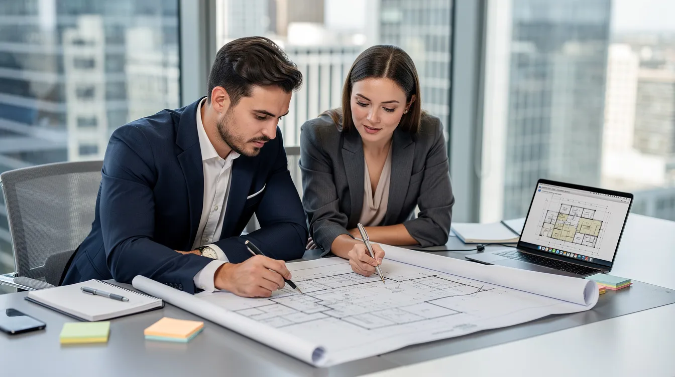 Two business professionals are seated at a conference table, intently reviewing construction blueprints, likely discussing a joint venture agreement related to real estate developments. Their collaboration reflects a strategic alliance aimed at achieving shared business objectives and pooling resources for successful joint ventures.