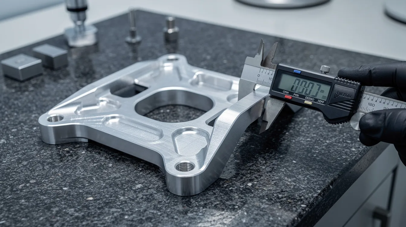 A close-up view of a precision-machined aluminum aerospace bracket is being carefully inspected on a smooth granite surface plate, highlighting the meticulous quality control processes essential in the aerospace industry. This image underscores the importance of tight tolerances and high-quality parts in the production of aerospace components.