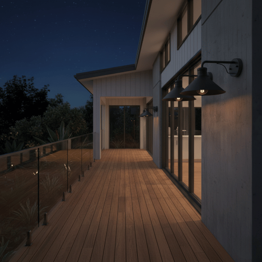 Black exterior wall light fixtures illuminating timber deck walkway.